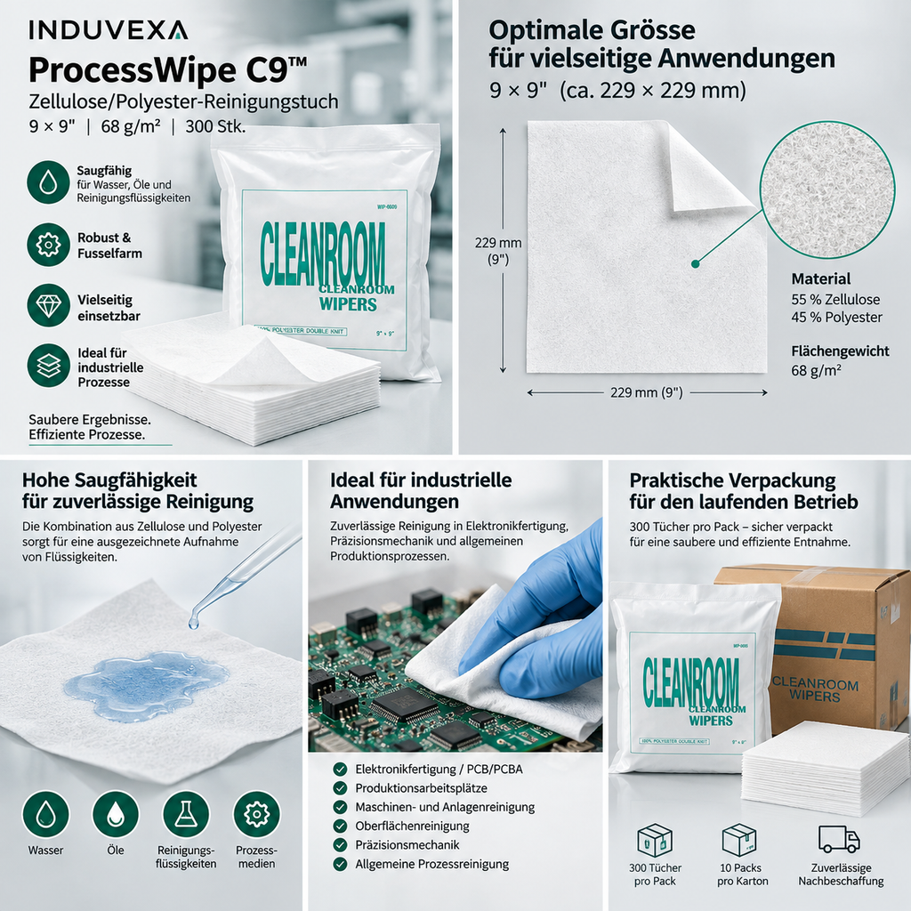 INDUVEXA ProcessWipe C9™ – Zellulose/Polyester-Reinigungstuch 9 × 9″, 68 g/m², 300 Stk.